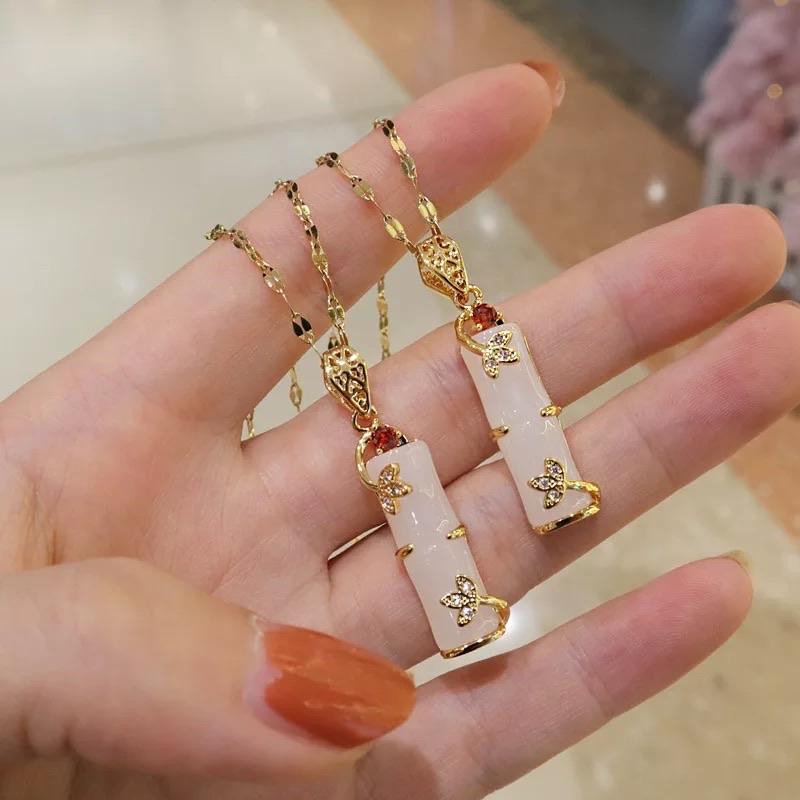 Long Bamboo Shape Pink Jade Pendant Necklace