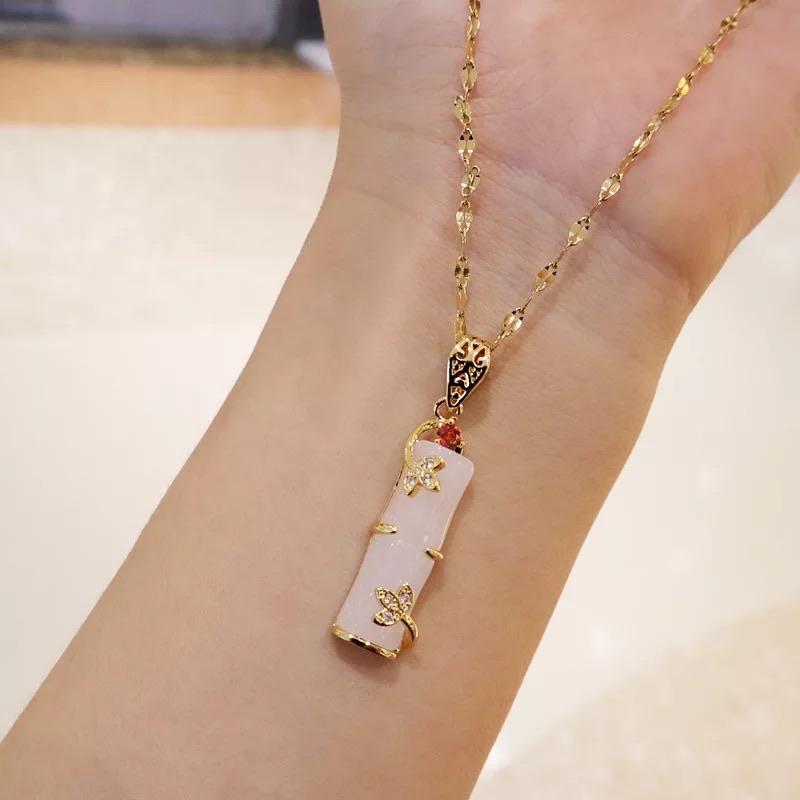 Long Bamboo Shape Pink Jade Pendant Necklace