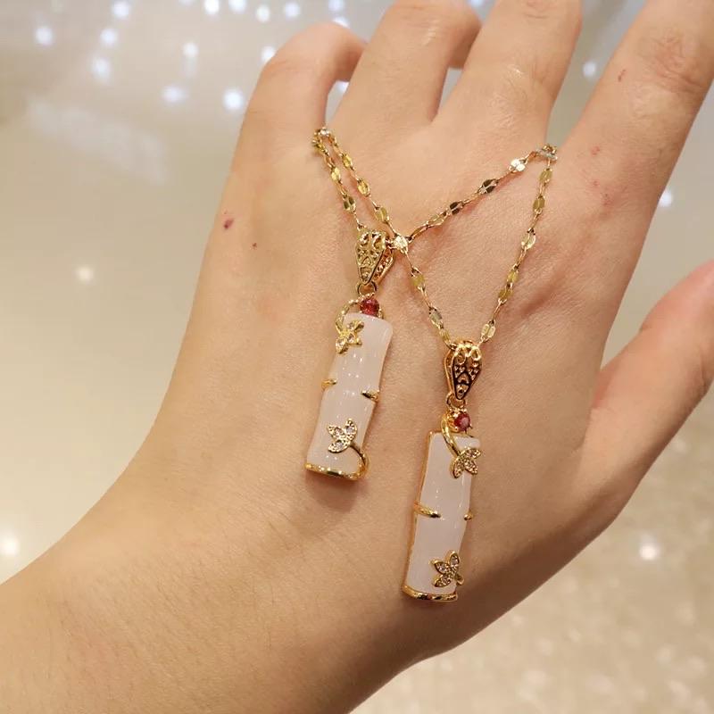 Long Bamboo Shape Pink Jade Pendant Necklace