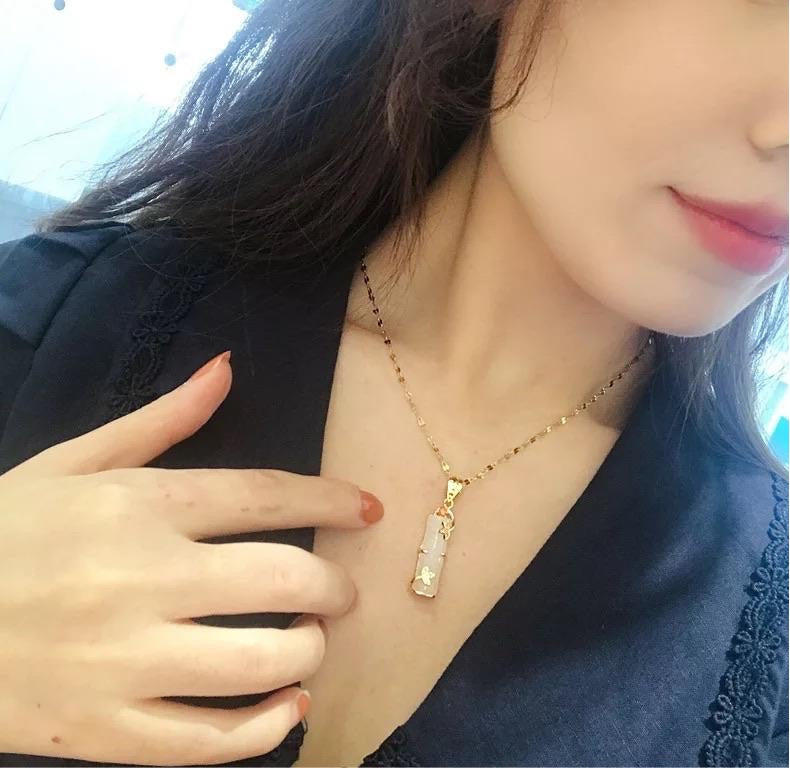 Long Bamboo Shape Pink Jade Pendant Necklace
